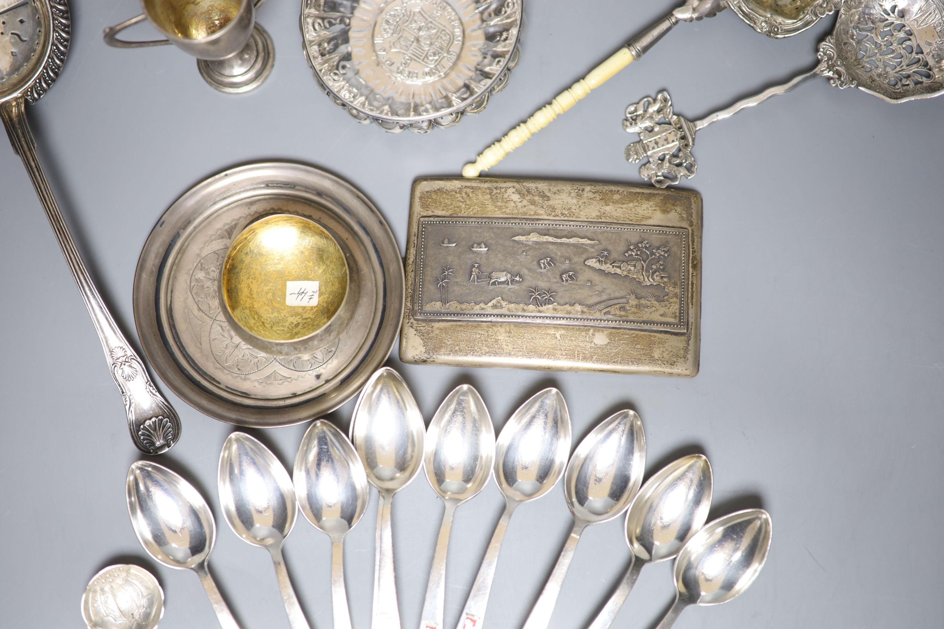 A George V silver sifter spoon and a quantity of assorted white metal items, including a Tiffany & Co sterling salt, a Swedish sifter ladle, sterling & enamel coffee spoons, etc.
